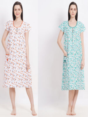 Woman's Nightshirt Midi Orange & Green Combo Cotton Nighty Multicolour