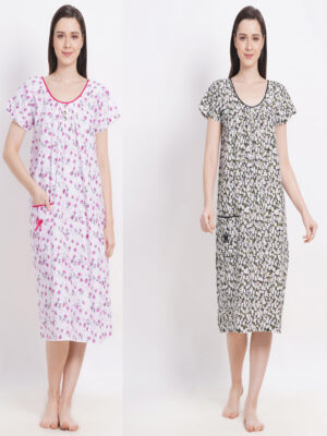 Woman's Midi Pink & Green Combo Cotton Nighty