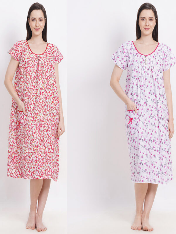 Breezly Woman's Nightshirt Pink & Red Combo Cotton Nighty
