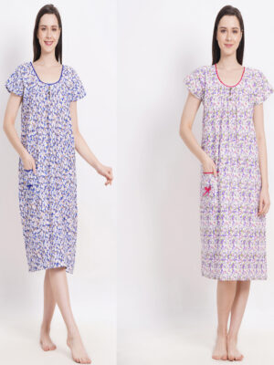 Woman's Nightshirt Midi Blue & Purple Combo Cotton Nighty Multicolour