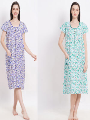 Woman's Nightshirt Midi Blue & Green Combo Cotton Nighty