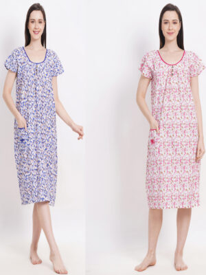 Woman's Nightshirt Midi Blue & Pink Combo Cotton Nighty Multicolour
