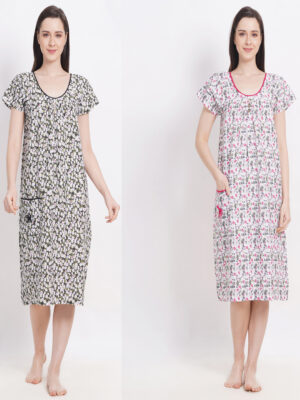 Women's Green & Pink Combo Cotton Nighty Multicolour