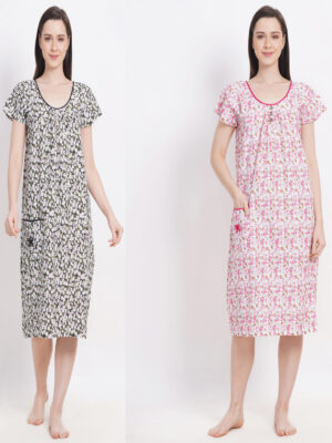 Woman's Nightshirt Green & Pink Combo Cotton Nighty Multicolour