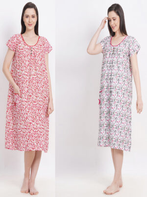 Woman's Midi Red & Green Combo Cotton Nighty