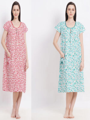 Woman's Nightshirt Red & Green Combo Cotton Nighty