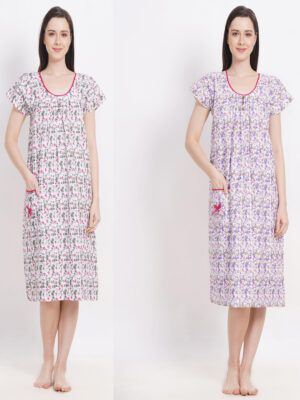 Woman's Midi Green & Purple Combo Cotton Nighty