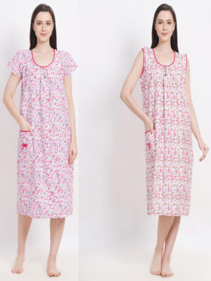 Woman's Green & Pink Combo Cotton Nighty Multicolour