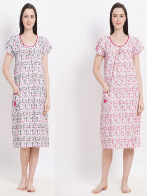 Woman's Nightshirt Midi Green & Pink Combo Cotton Nighty Multicolour