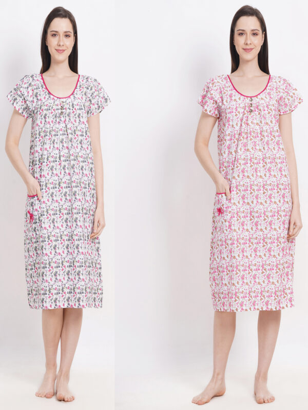 Woman's Nightshirt Midi Green & Pink Combo Cotton Nighty Multicolour