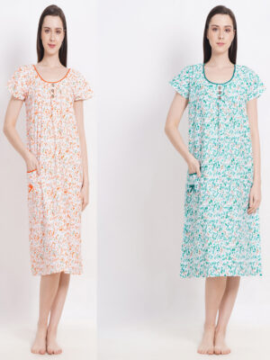 Woman's Nightshirt Orange & Green Combo Cotton Nighty Multicolour