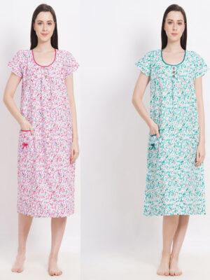 Woman's Nightshirt Midi Pink & Green Combo Cotton Nighty