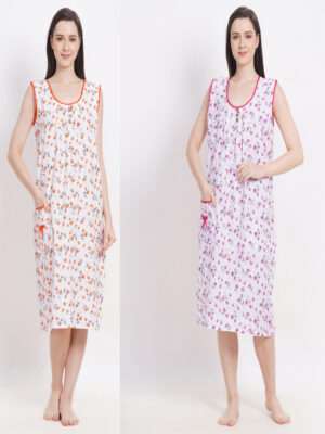 Woman's Midi Blue & Pink Cotton Combo Nighty Multicolour