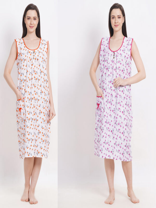 Woman's Midi Blue & Pink Cotton Combo Nighty Multicolour