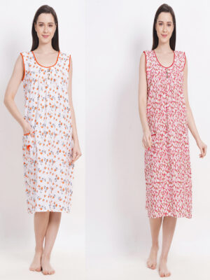 Woman's Short Blue & Pink Cotton Combo Nighty Multicolour