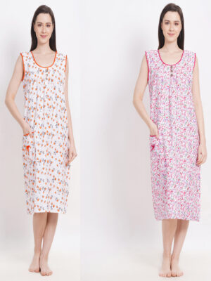 Woman's Nightshirt Blue & Pink Cotton Combo Nighty Multicolour
