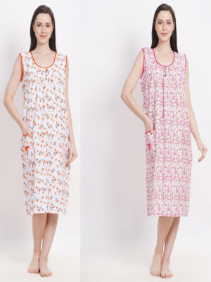Woman's Embellished Blue & Pink Cotton Combo Nighty Multicolour