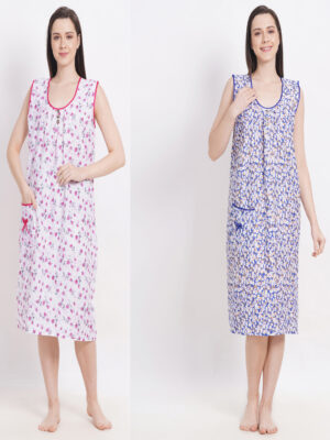Woman's Nightshirt Blue & Purple Cotton Combo Nighty Multicolour
