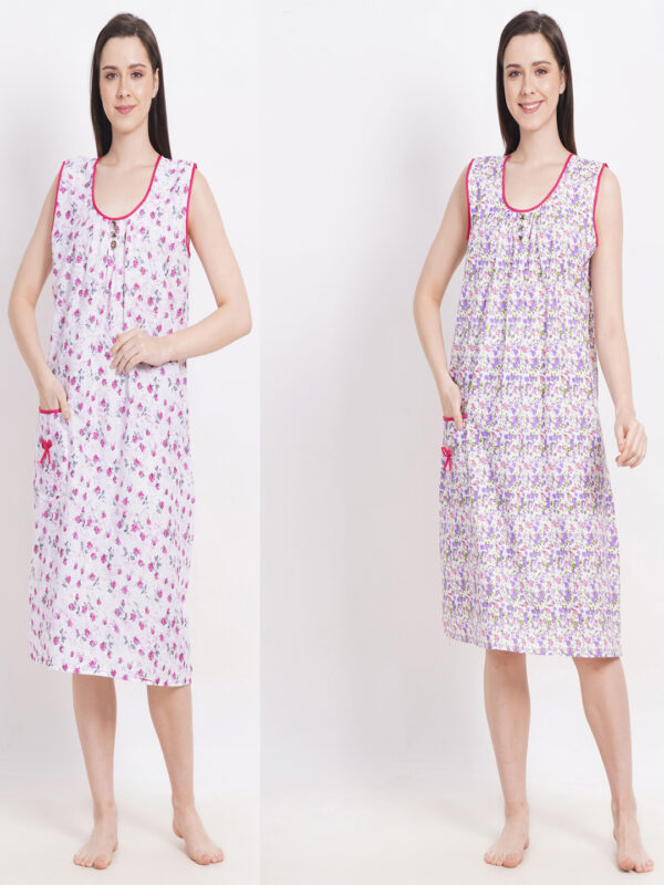 Breezly Woman's Nightshirt Pink & Purple Cotton Combo Nighty Multicolour