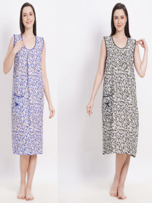 Woman's Midi Blue & Green Cotton Combo Nighty