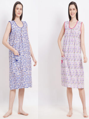 Woman's Midi Blue & Purple Cotton Combo Nighty Multicolour