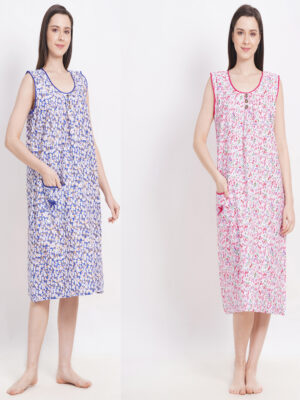 Woman's Long Short Blue & Pink Cotton Combo Nighty Multicolour
