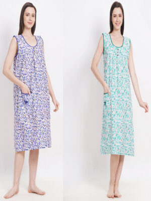 Woman's Long Short Blue & Green Cotton Combo Nighty