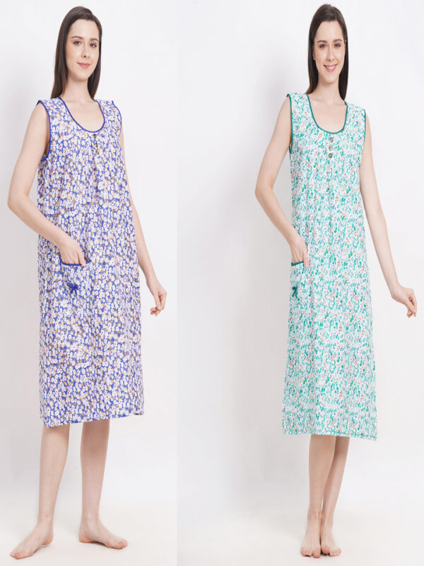 Woman's Long Short Blue & Green Cotton Combo Nighty