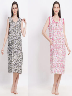 Woman's Nightshirt Green & Pink Cotton Combo Nighty Multicolour