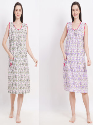 Woman's Nightshirt Green & Purple Cotton Combo Nighty