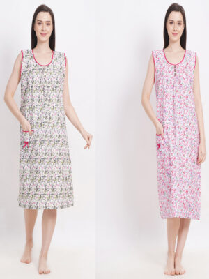 Woman's Midi Green & Pink Cotton Combo Nighty Multicolour