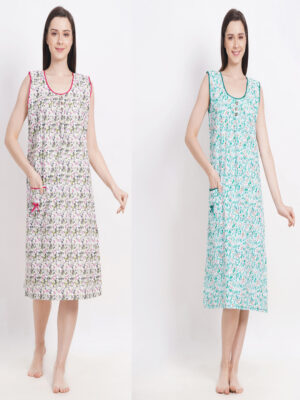 Woman's Nightshirt Green & Green Cotton Combo Nighty Multicolour