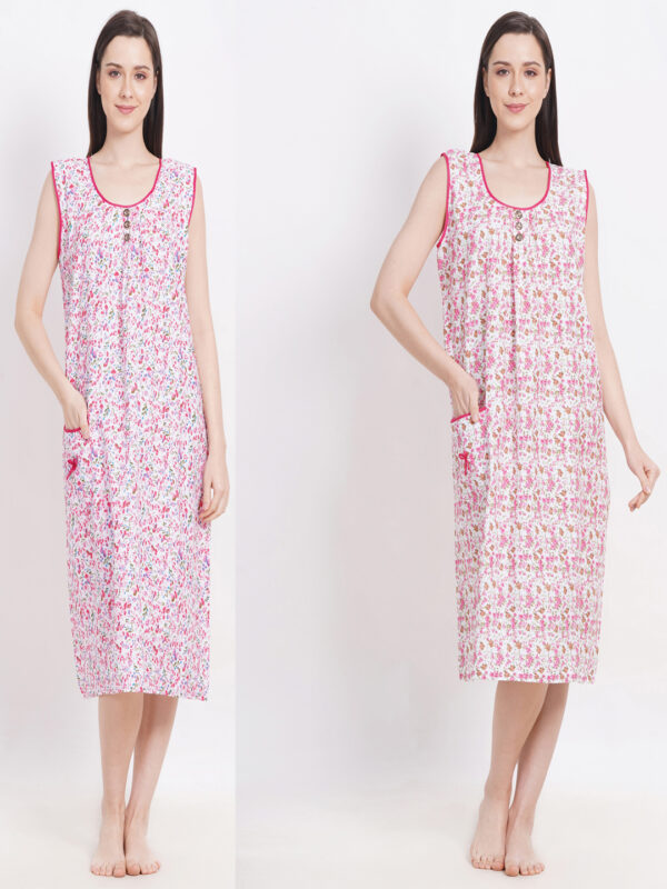 Breezly Woman's Nightshirt Pink Multicolored Cotton Combo Nighty
