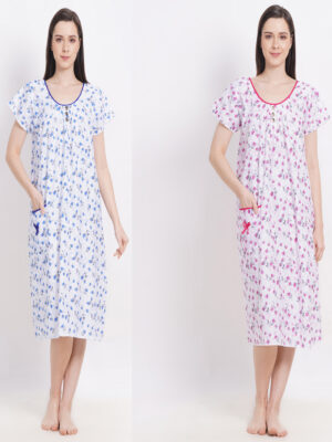 Woman's Embellished Midi Blue & Pink Combo Cotton Nighty Multicolour