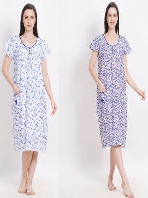 Woman's Nightshirt Blue & Blue Combo Cotton Nighty Multicolour