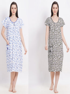 Woman's Short Blue & Green Combo Cotton Nighty
