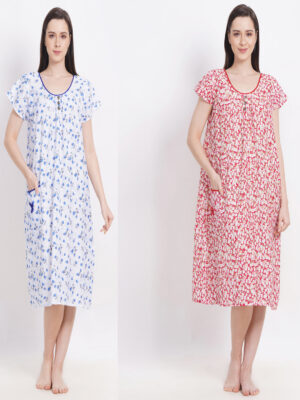 Woman's Nightshirt Blue & Pink Combo Cotton Nighty Multicolour