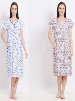 Woman's Nightshirt Blue & Purple Combo Cotton Nighty Multicolour