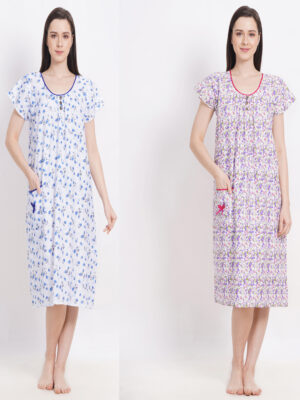 Woman's Midi Blue & Purple Combo Cotton Nighty Multicolour
