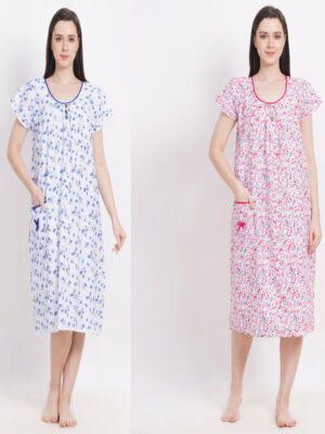 Woman's Midi Blue & Pink Combo Cotton Nighty Multicolour