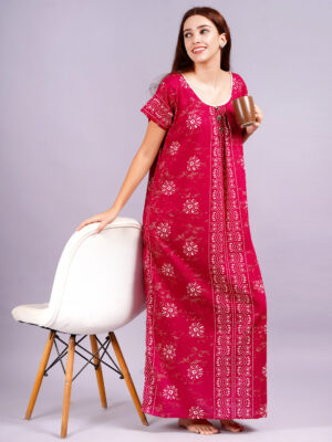Breezly Women's Pure Cotton Rajwadi Jaipuri Batik Print Regular Magenta Nightdress Nighty