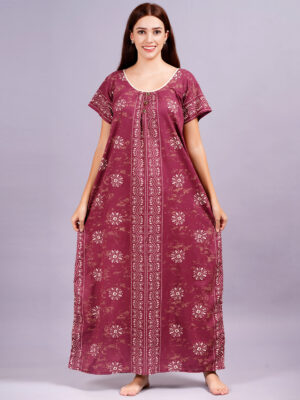 Breezly Women's Pure Cotton Rajwadi Jaipuri Batik Print Regular Maroon Nightdress Nighty