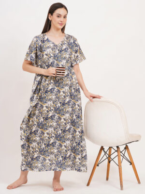 Breezly Women's Pure Cotton Kaftan Maxi Gown Nightdress Nighty for Women (Blue)