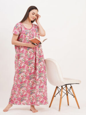 Breezly Women's Pure Cotton Nightdress Maxi Gown Nighty for Women (Pink)