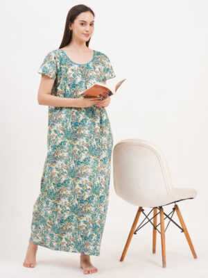 Breezly Women's Pure Cotton Nightdress Maxi Gown Nighty for Women (Green)