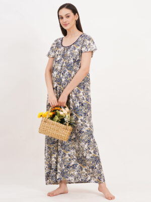 Breezly Women's Pure Cotton Nightdress Maxi Gown Nighty for Women (Blue)