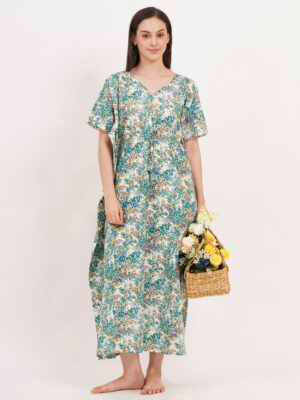 Breezly Women's Pure Cotton Kaftan Maxi Gown Nightdress Nighty for Women (Green)
