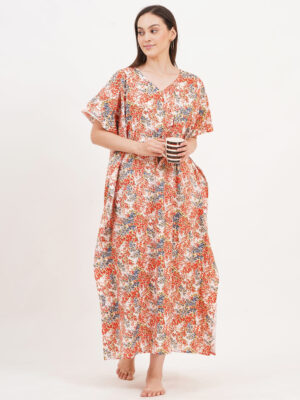 Breezly Women's Pure Cotton Kaftan Maxi Gown Nightdress Nighty for Women (Red)