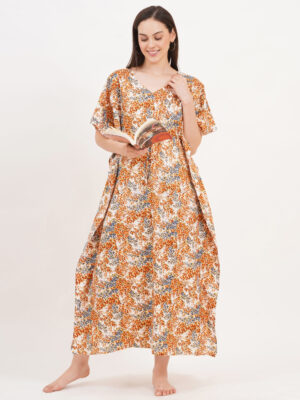 Breezly Women's Pure Cotton Kaftan Maxi Gown Nightdress Nighty for Women (Light Brown)