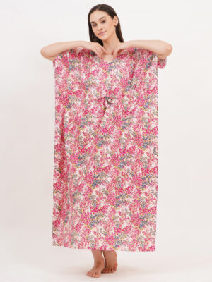 Breezly Women's Pure Cotton Kaftan Maxi Gown Nightdress Nighty for Women (Pink)